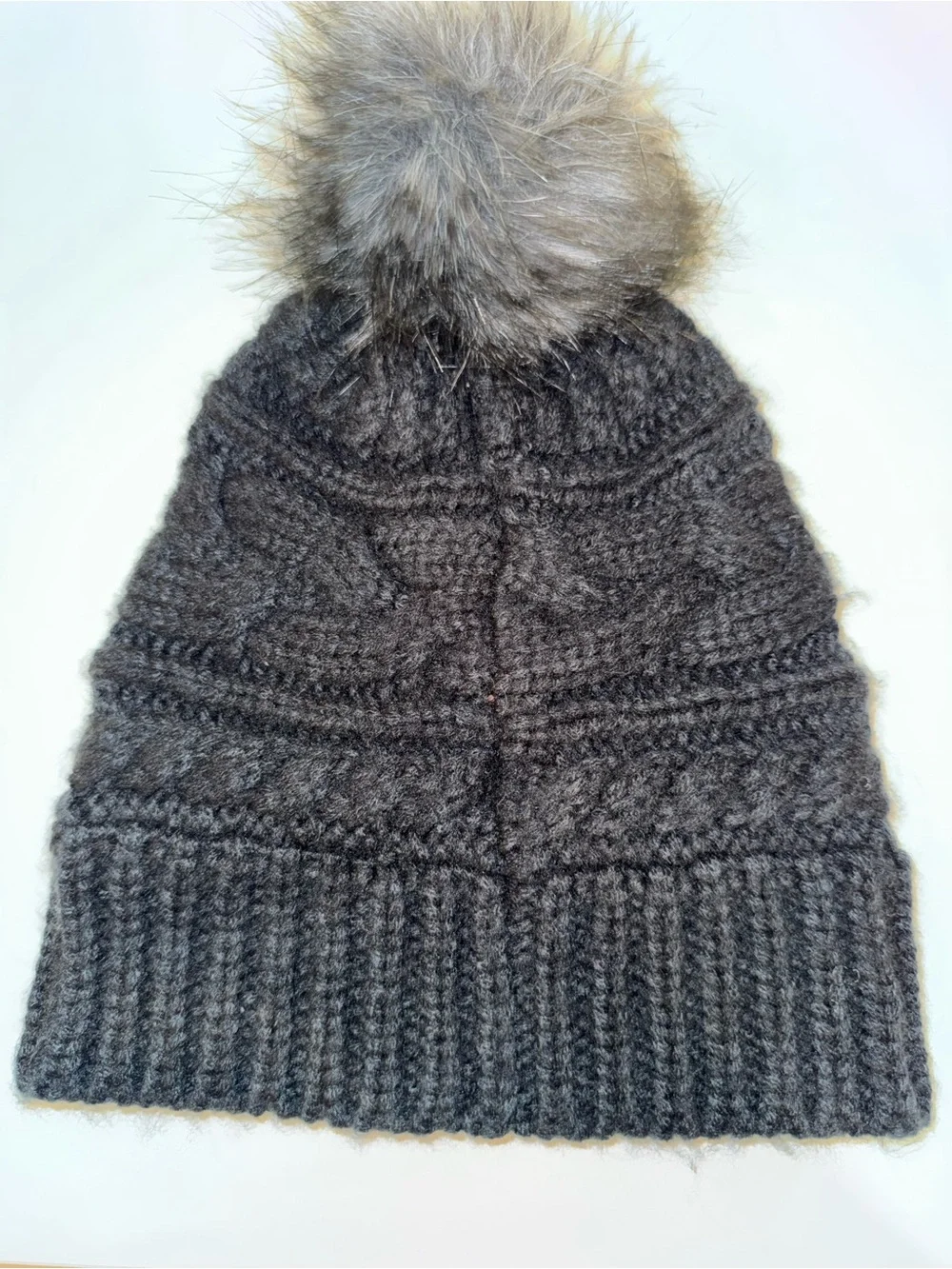 The North Face Black Knit Pom Beanie with Gray Faux Fur Pom